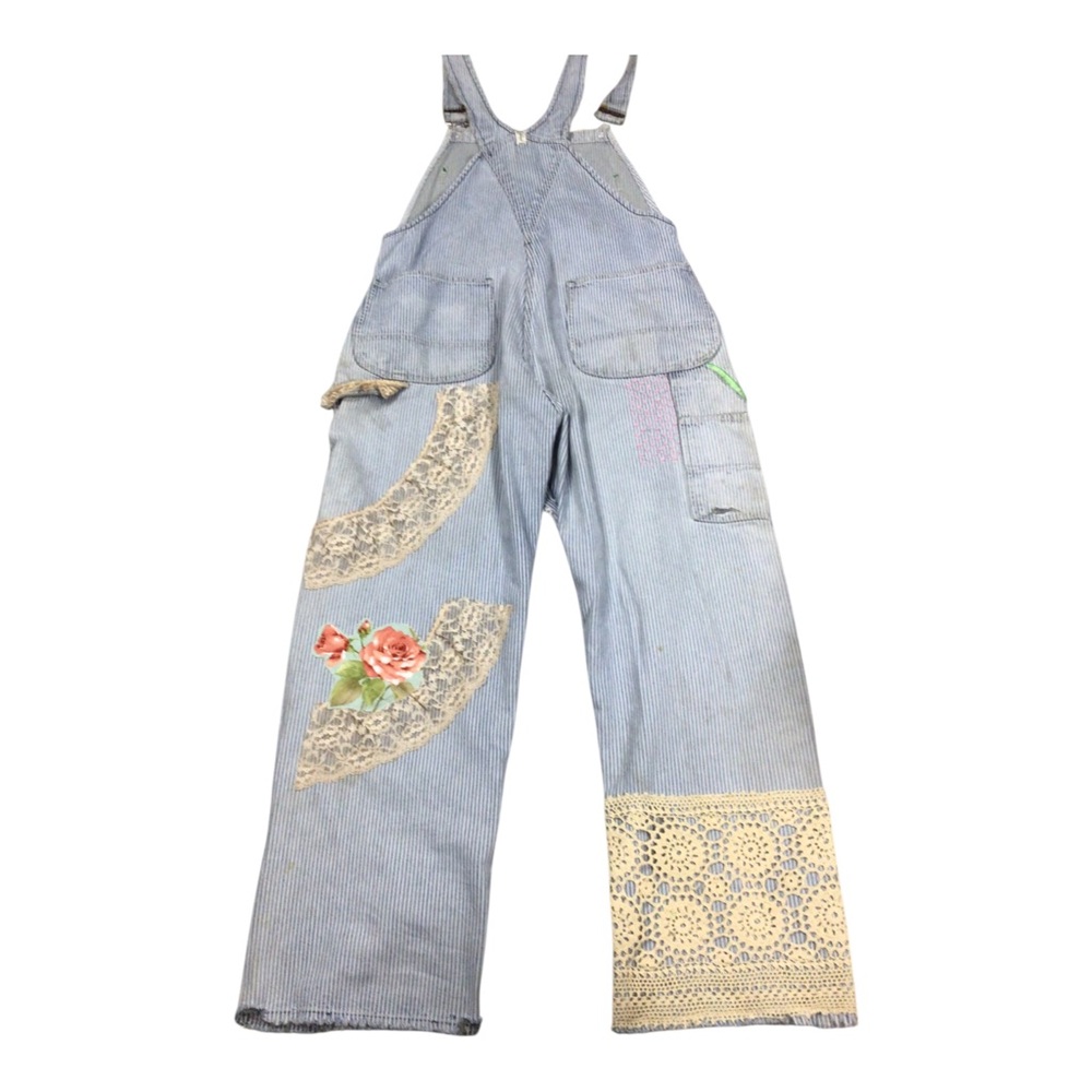 Upcycled Vintage Key Bib Railroad Striped Overalls Embroidered Crochet Parchwork - Picture 2 of 14